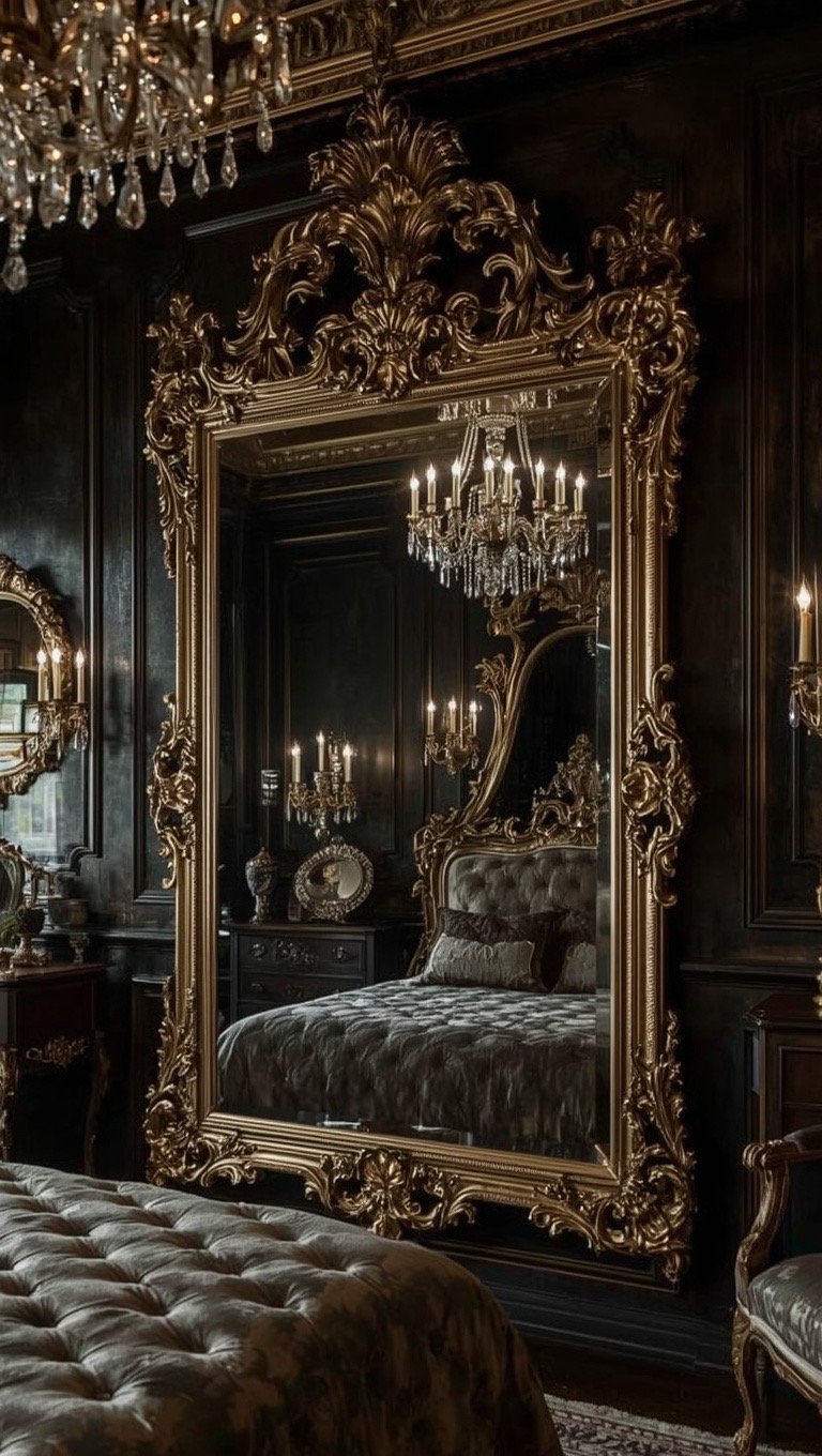 Dark Baroque bedroom with oversized ornate gold mirror reflecting crystal lighting and antique décor.