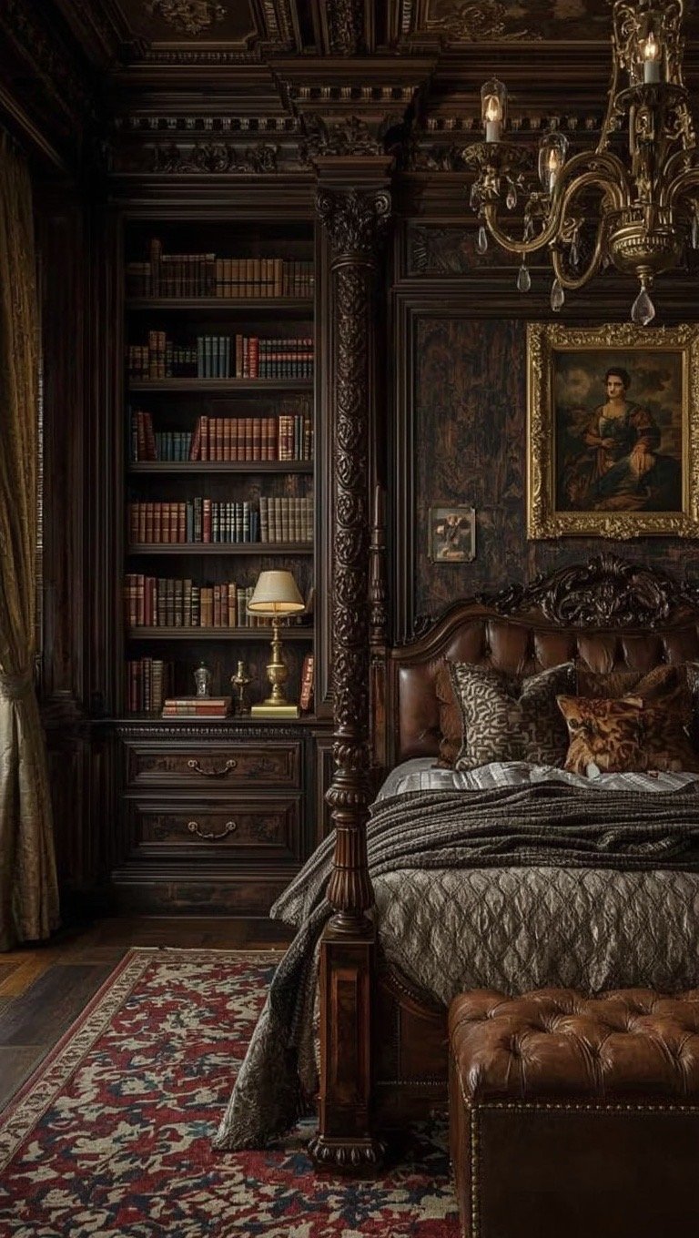 Dark Baroque bedroom inspired by an antique library with carved wood shelving, leather accents, and dramatic lighting.