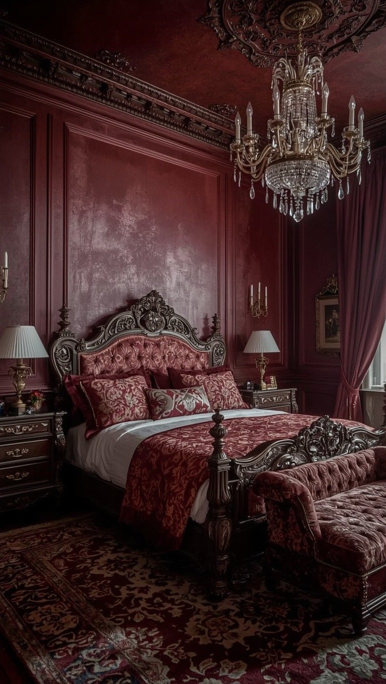 Dark Baroque bedroom with burgundy walls, antique carved furniture, and crystal chandelier.
