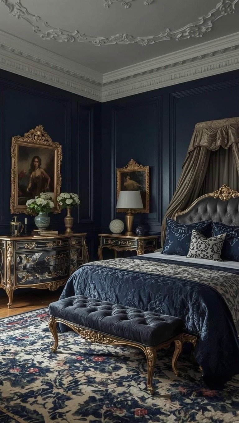 Dark Baroque bedroom featuring navy blue walls, antique gold furniture, and luxurious European styling.