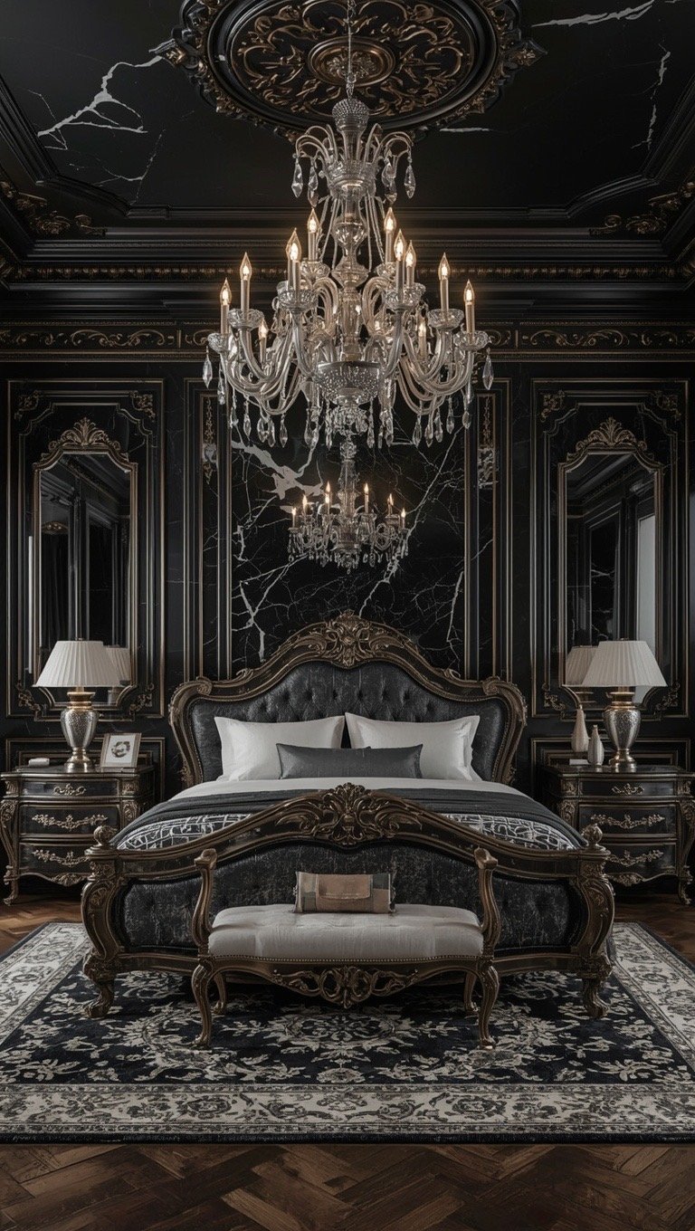 Dark Baroque bedroom with black marble accents, crystal chandelier, and ornate antique furniture.