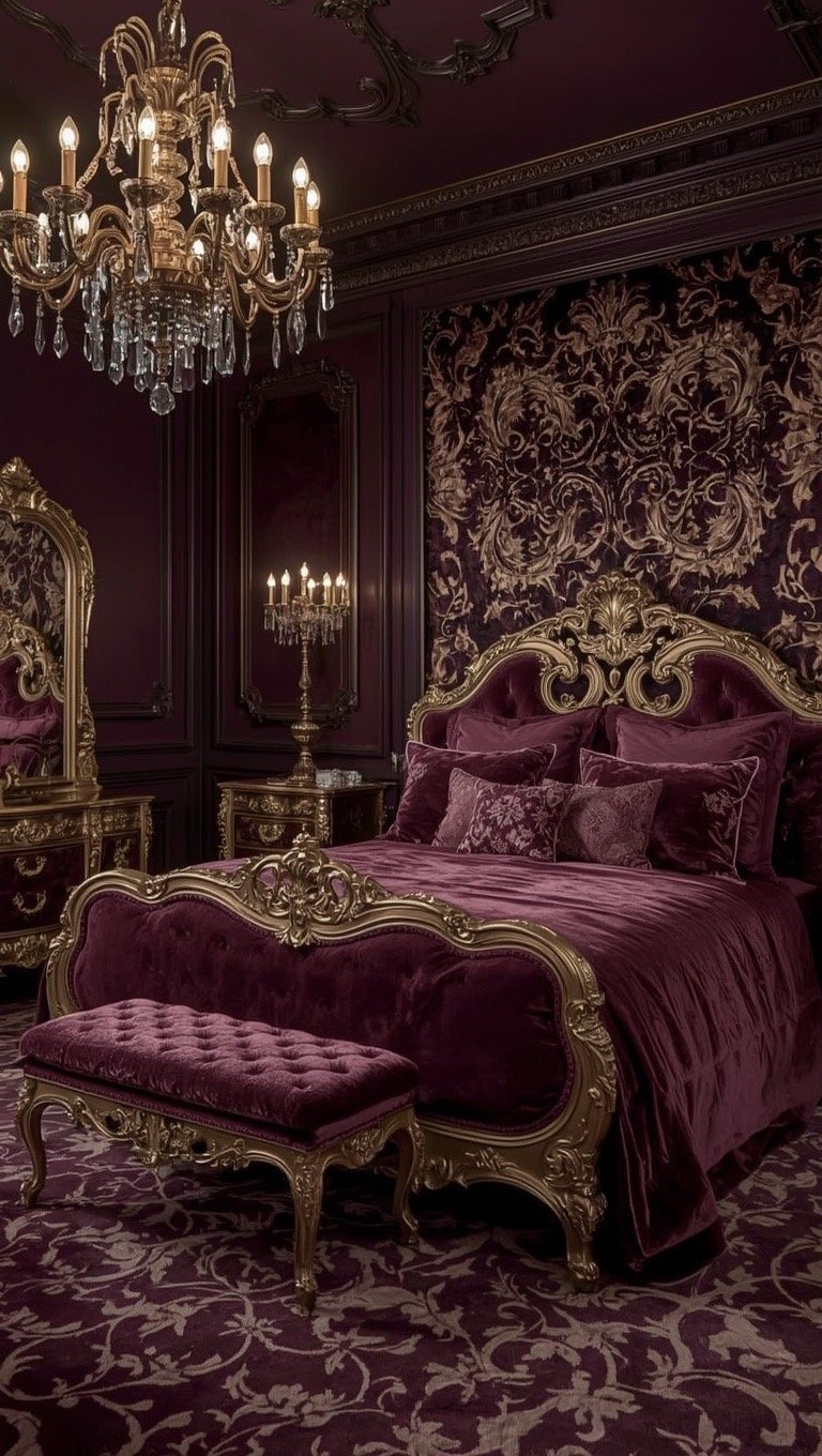 Dark Baroque bedroom with plum velvet bedding, ornate gold furniture, crystal lighting, and luxurious old world styling.