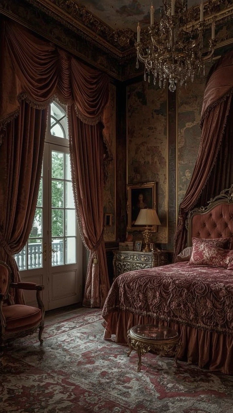 Dark Baroque bedroom with dramatic floor-to-ceiling velvet curtains and ornate European furnishings.