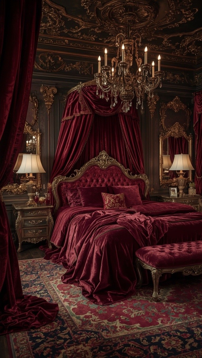 Dark Baroque bedroom layered with velvet, silk, candlelight, ornate furniture, and luxurious European décor.