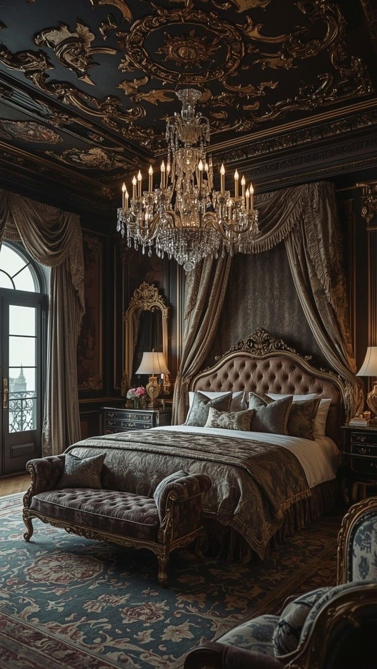 Dark Baroque bedroom inspired by a European palace with ornate furniture, crystal chandeliers, and luxurious fabrics.