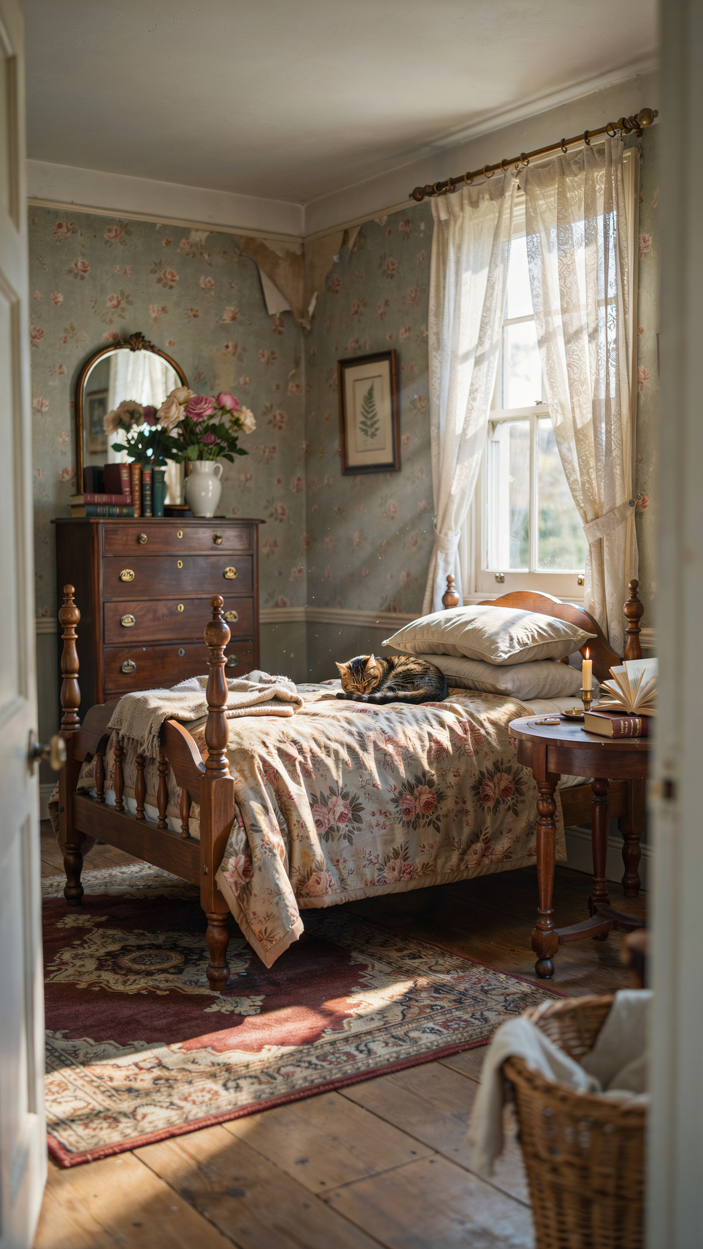 Victorian cottage bedroom with lace curtains, vintage dresser, floral décor, and soft natural lighting.