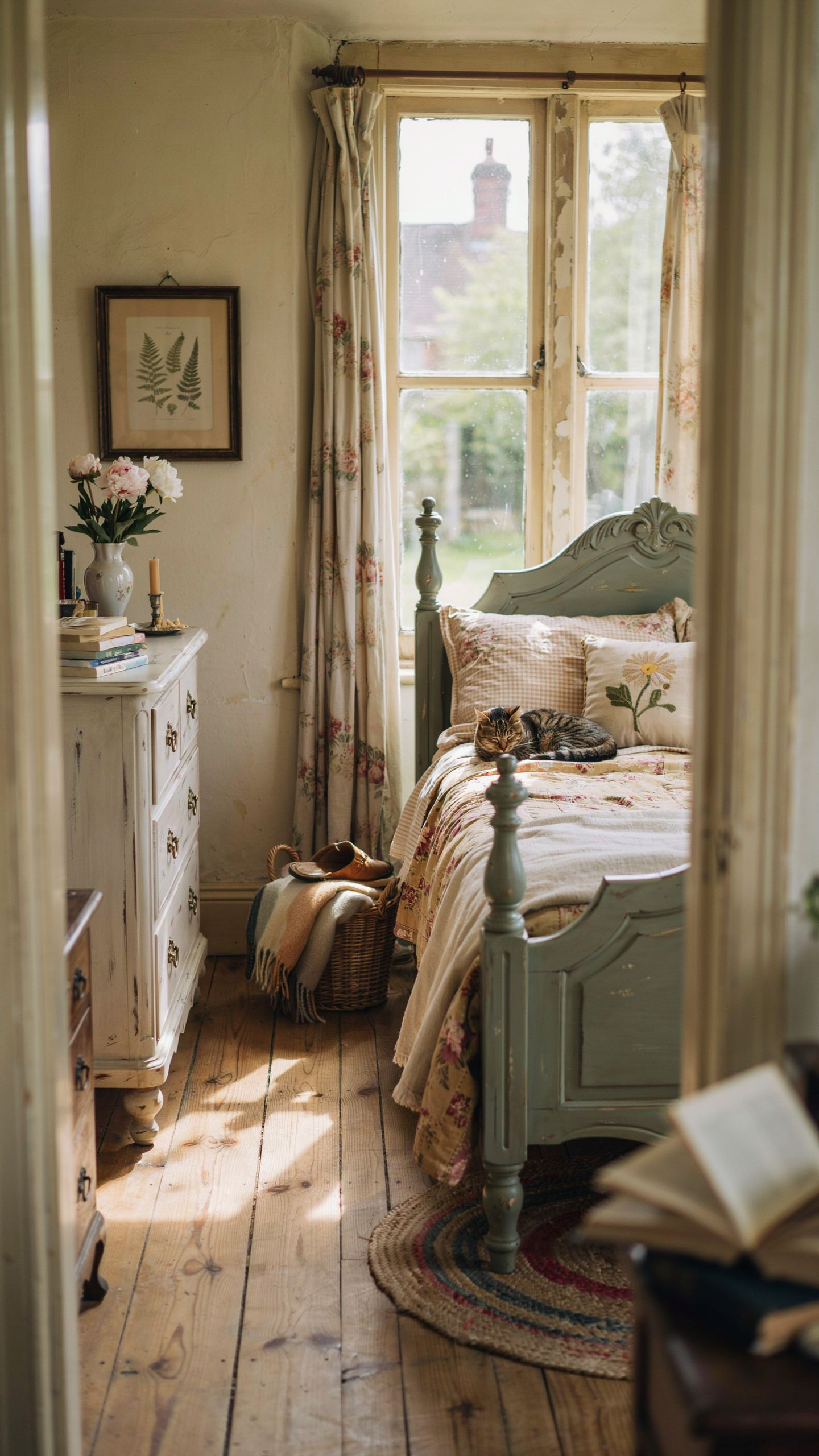 Cottage Victorian bedroom with painted vintage furniture, floral textiles, and distressed wood finishes.