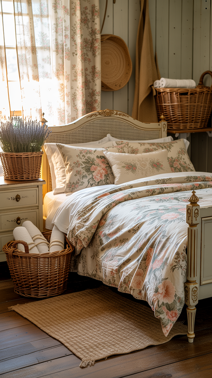 Victorian cottage bedroom featuring wicker baskets, natural textures, floral bedding, and painted antique furniture.