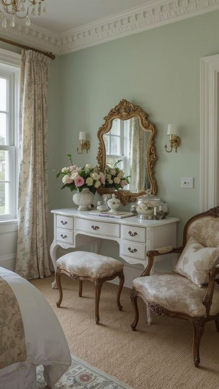 Cottage Victorian bedroom with vintage dressing table, ornate mirror, floral décor, and elegant seating.