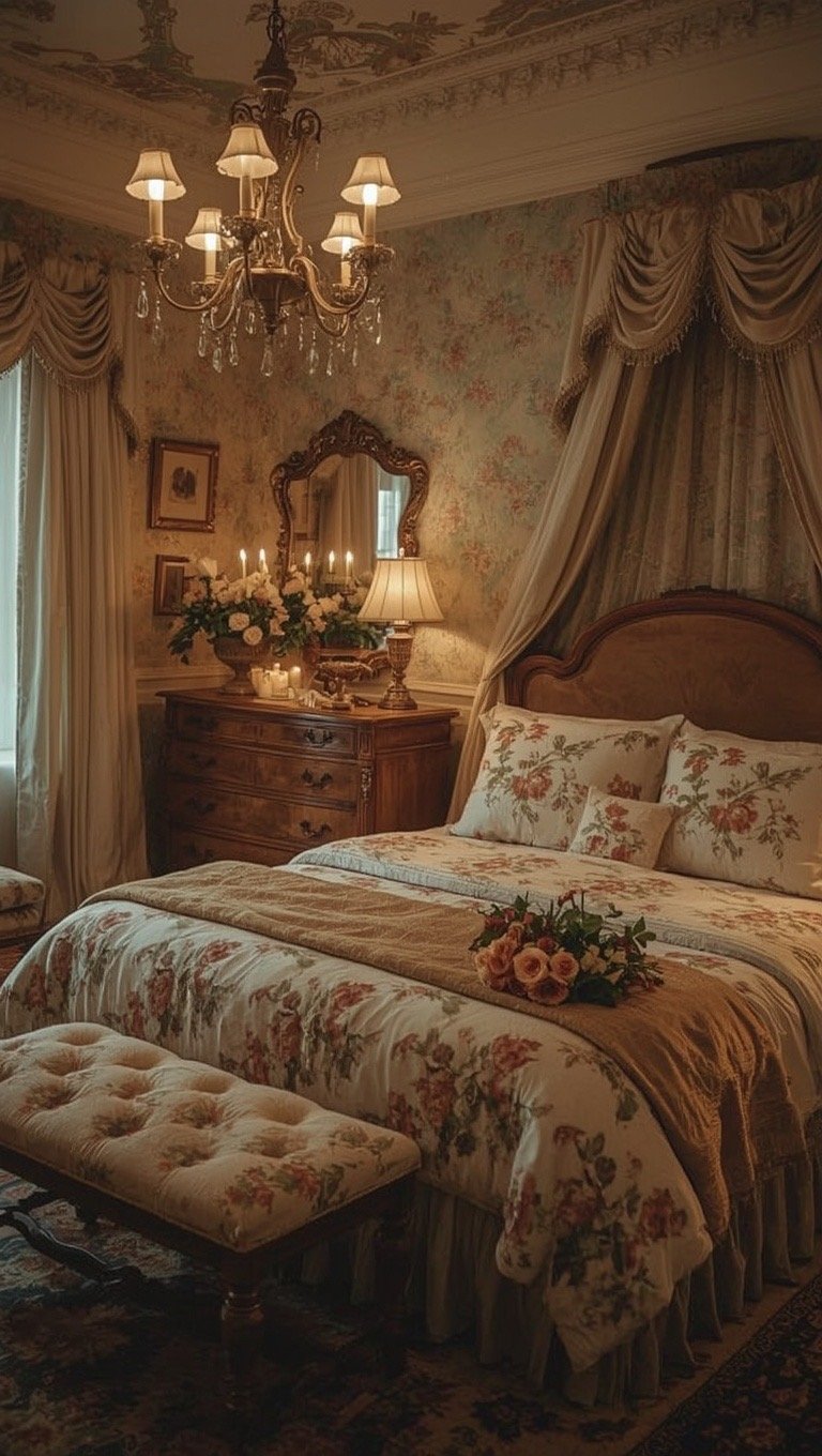 Victorian cottage bedroom with fresh flowers, candlelight, antique furniture, and romantic floral bedding.