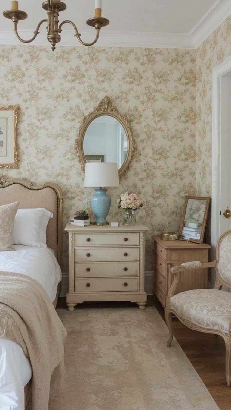 Victorian cottage bedroom with soft floral wallpaper, antique furniture, and romantic vintage décor.