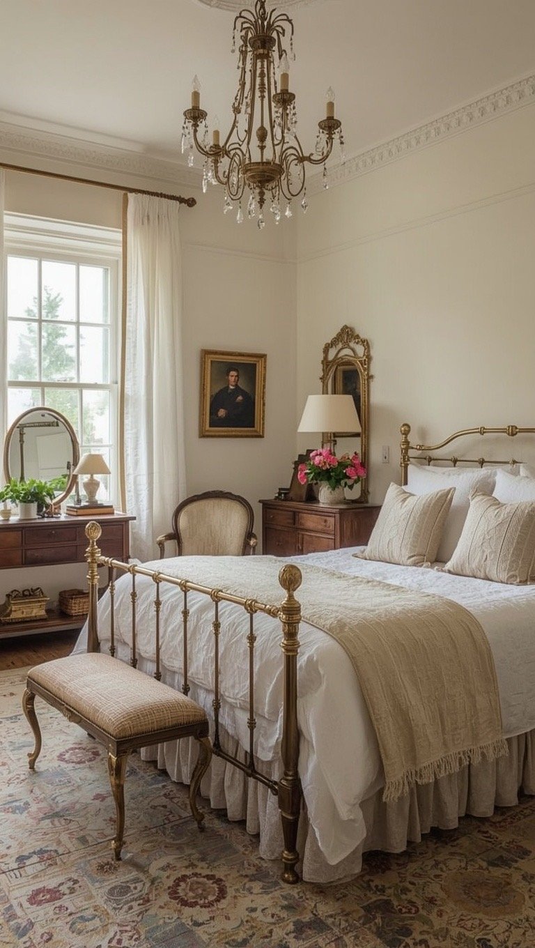 Cottage style Victorian bedroom with antique brass bed, soft neutral bedding, vintage furniture, and warm natural light.