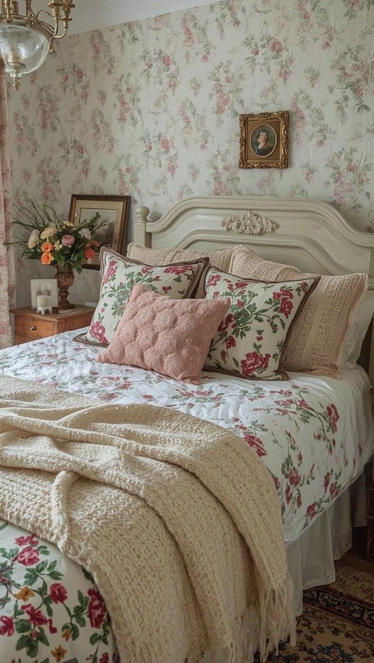 Victorian cottage bedroom layered with quilts, knitted throws, floral cushions, and vintage décor.