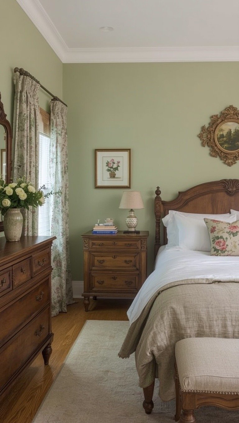 Victorian cottage bedroom with sage green walls, antique wooden furniture, and vintage floral décor.