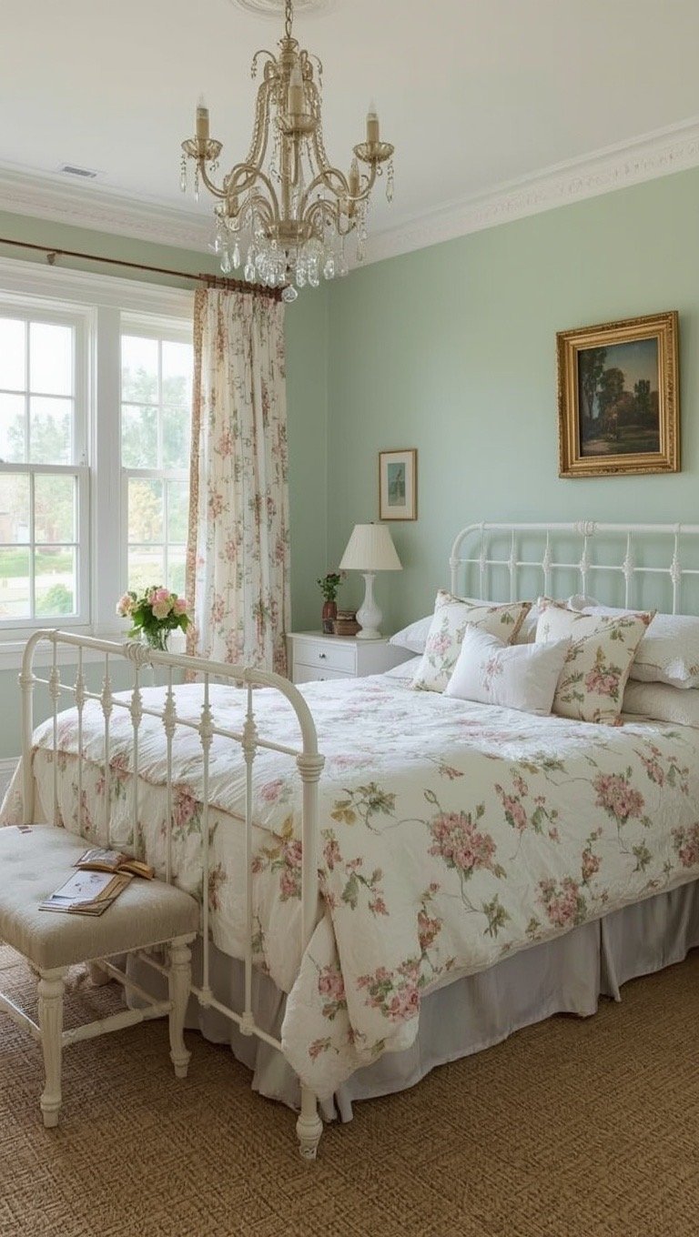 Cottage style Victorian bedroom with white iron bed, floral bedding, antique furniture, and soft natural light.