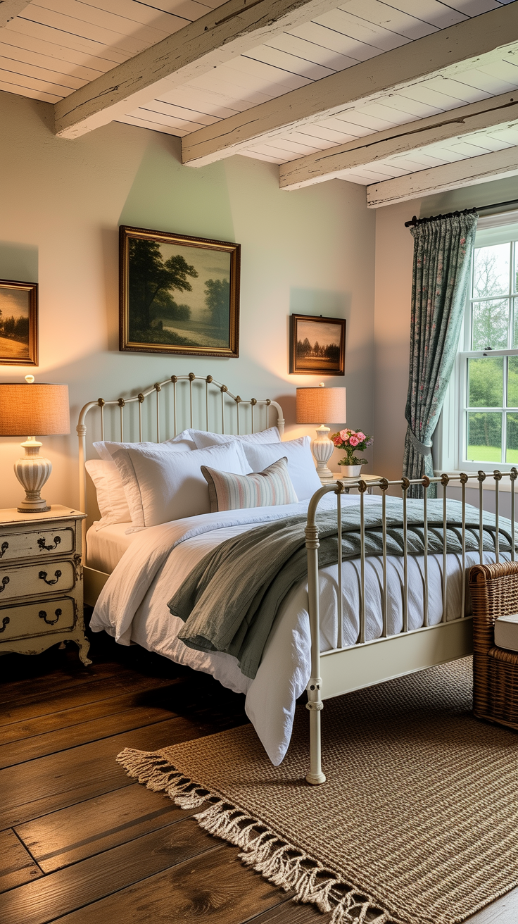 Victorian farmhouse bedroom with white iron bed, antique furniture, layered bedding, and soft natural light.