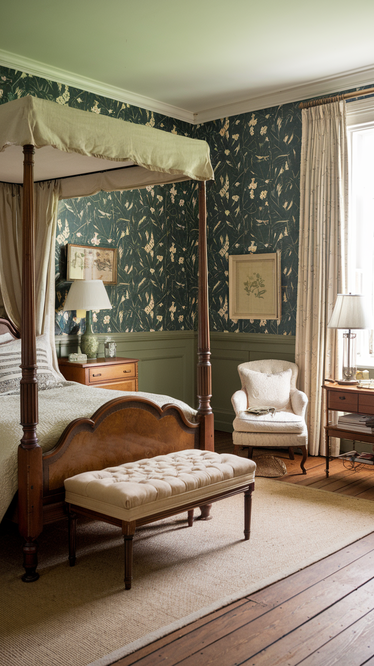 Victorian farmhouse bedroom with sage green walls, antique wooden furniture, and cozy farmhouse styling.