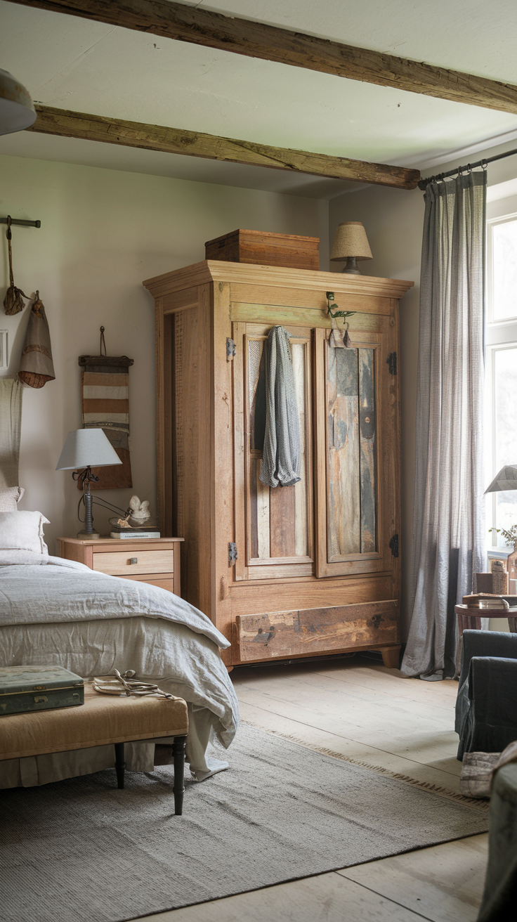 Victorian farmhouse bedroom featuring reclaimed wood furniture, linen bedding, and warm rustic textures.