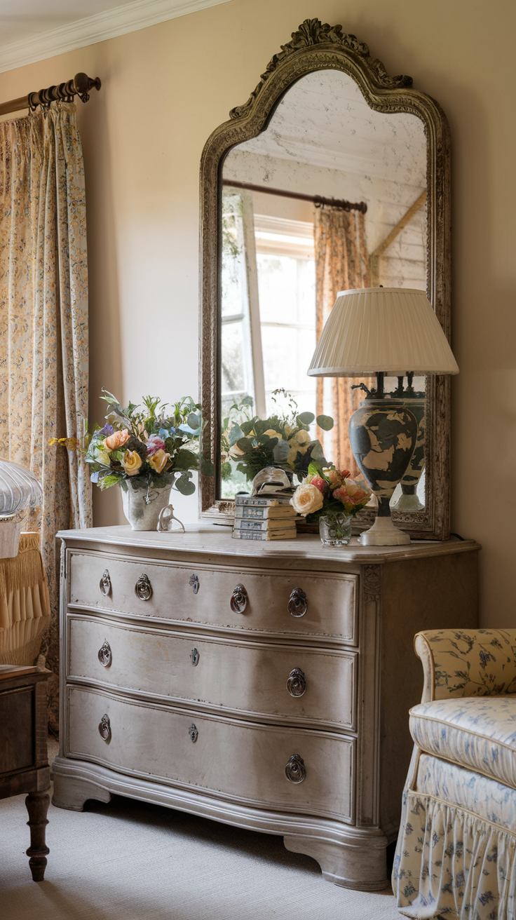 Victorian farmhouse bedroom with antique dresser, fresh flowers, vintage mirror, and charming country décor.