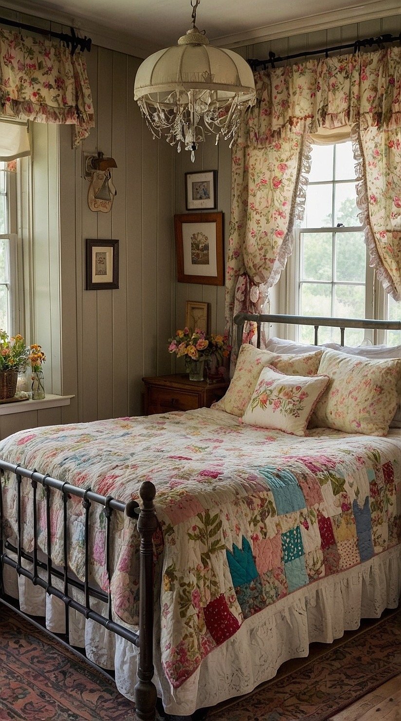 Victorian farmhouse bedroom layered with quilts, vintage textiles, floral cushions, and cozy country charm.