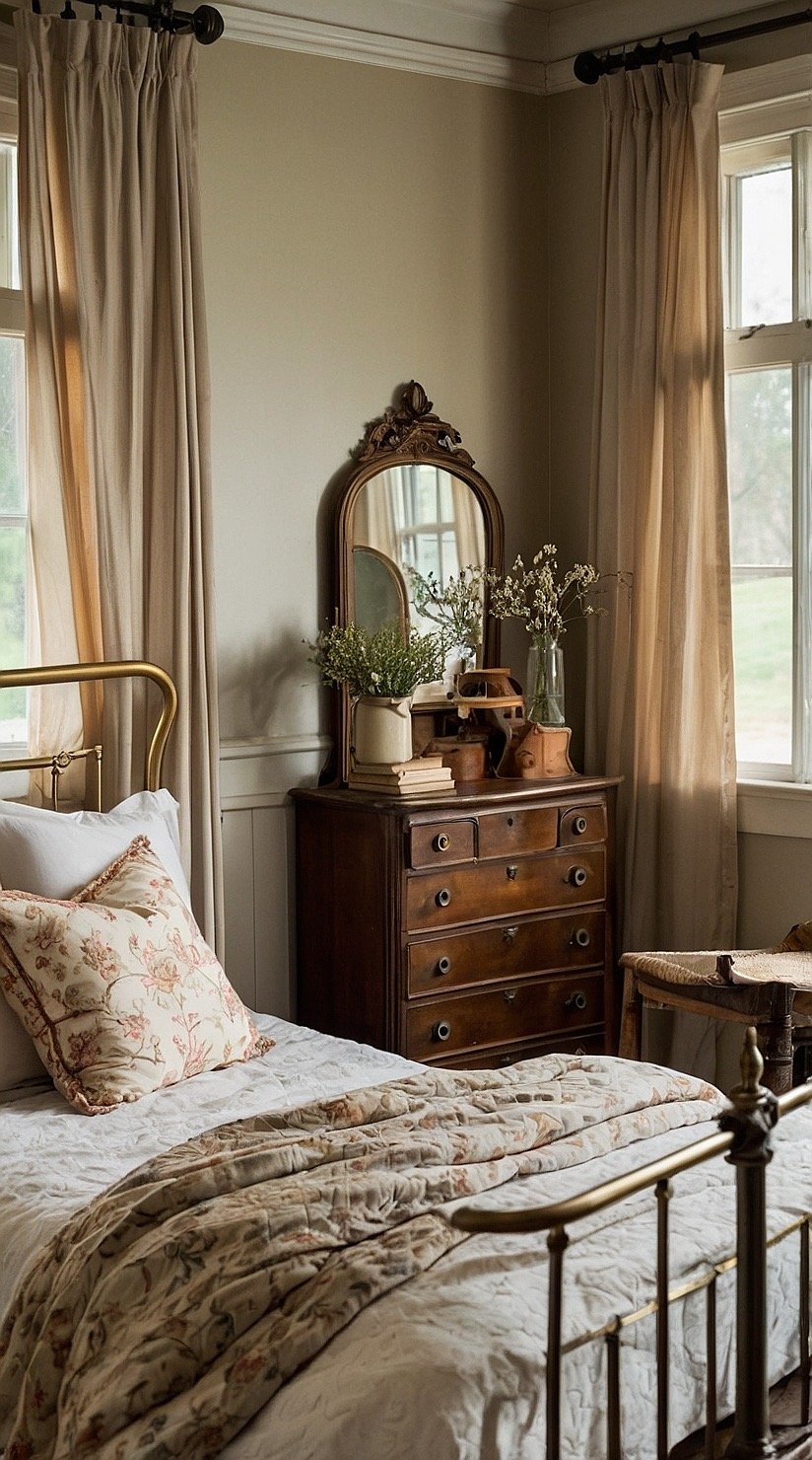 Victorian farmhouse bedroom with antique brass bed, soft neutral bedding, vintage furniture, and warm farmhouse styling.