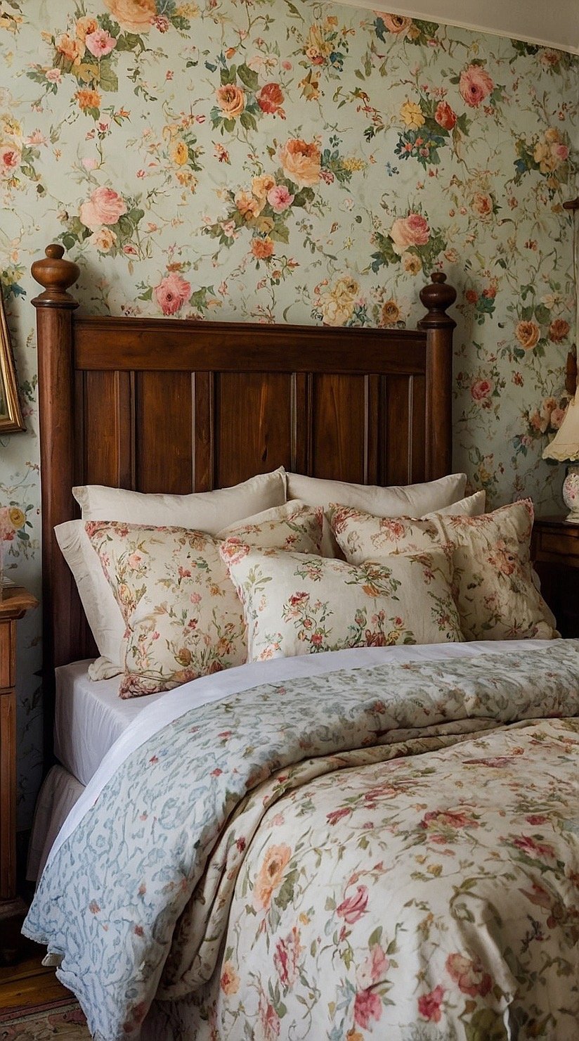 Victorian farmhouse bedroom with soft floral wallpaper, reclaimed wood furniture, and vintage country décor.