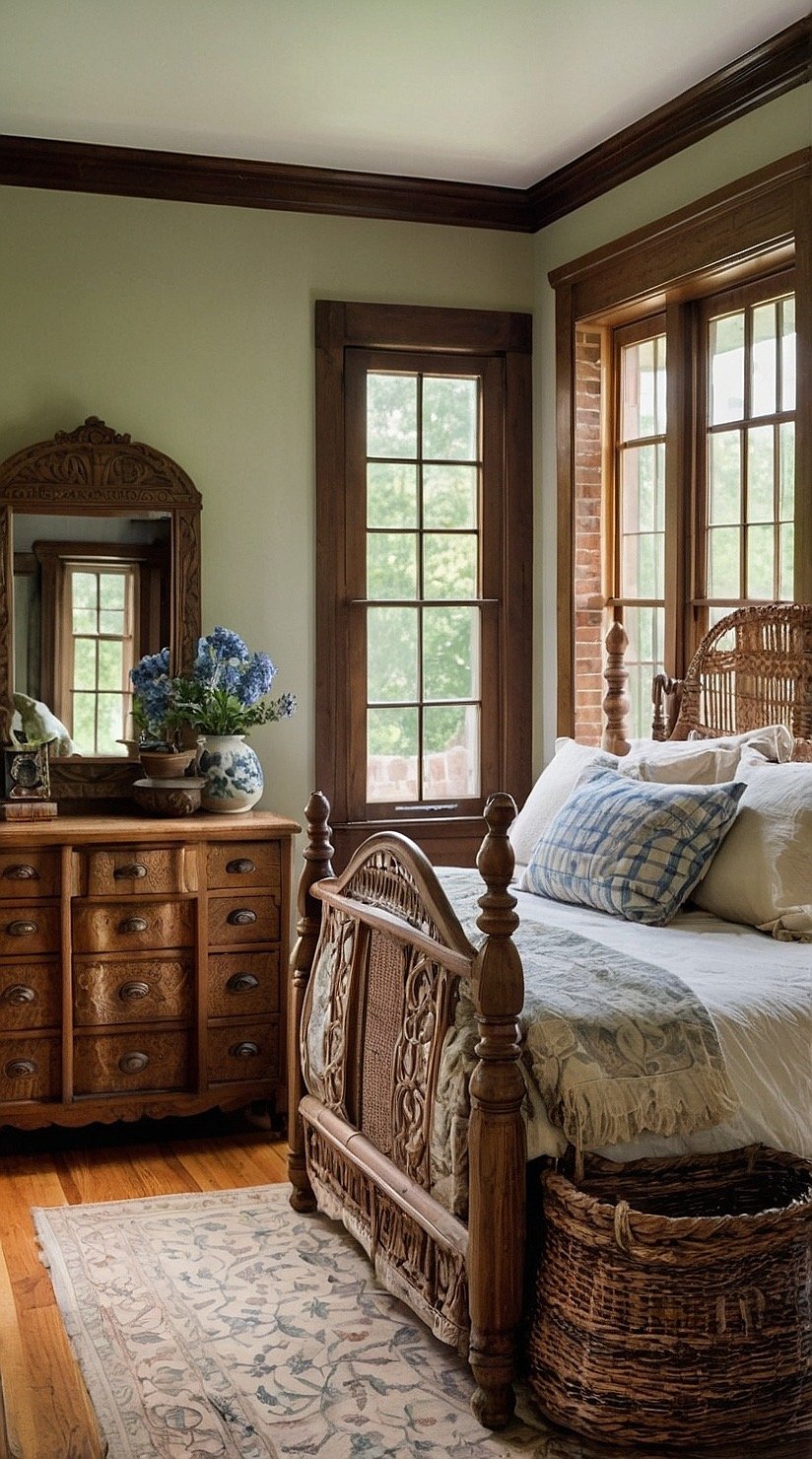 Victorian farmhouse bedroom with wicker baskets, cozy bedding, antique furniture, and natural textures.