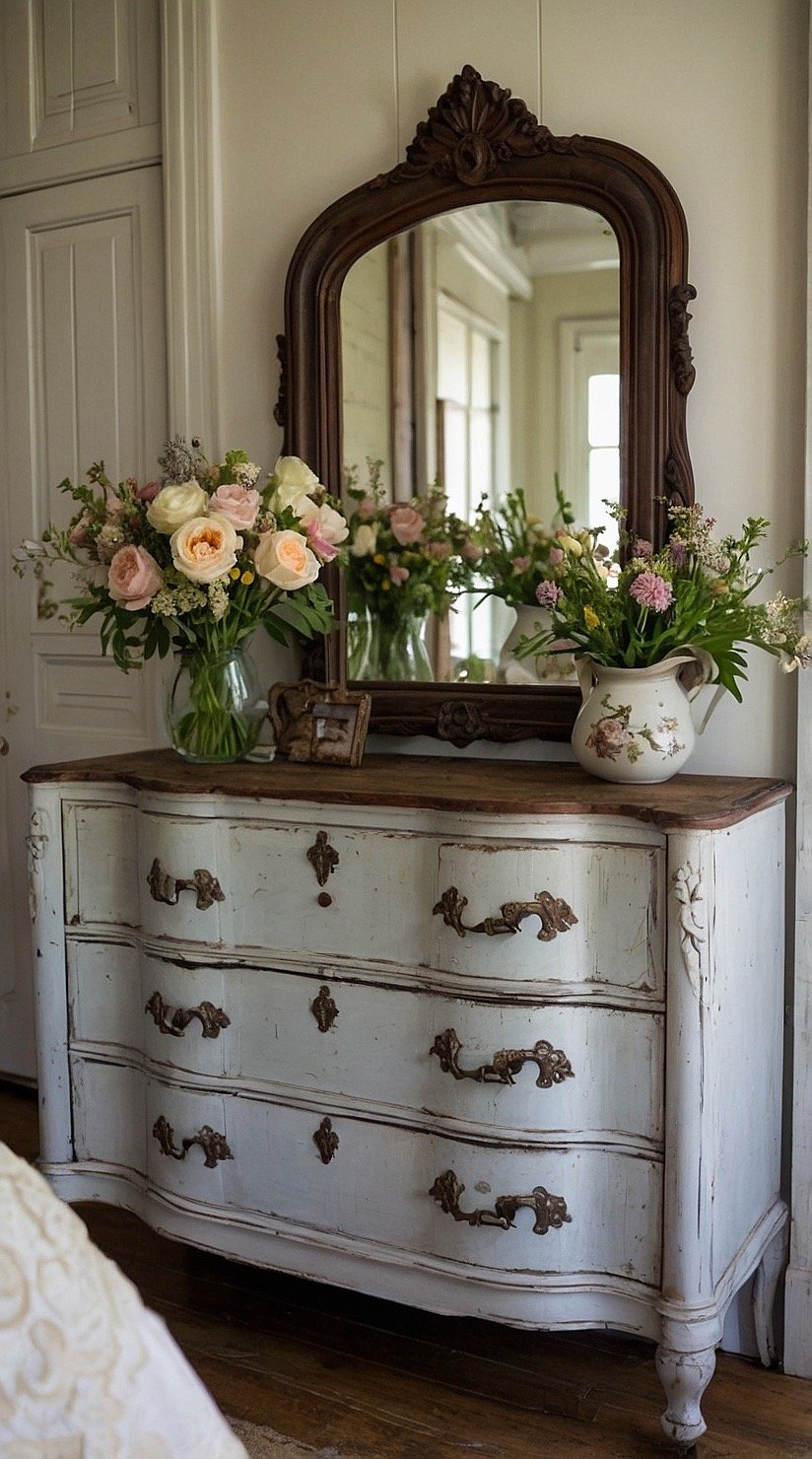 Victorian farmhouse bedroom with vintage mirror, antique dresser, fresh flowers, and rustic elegance.