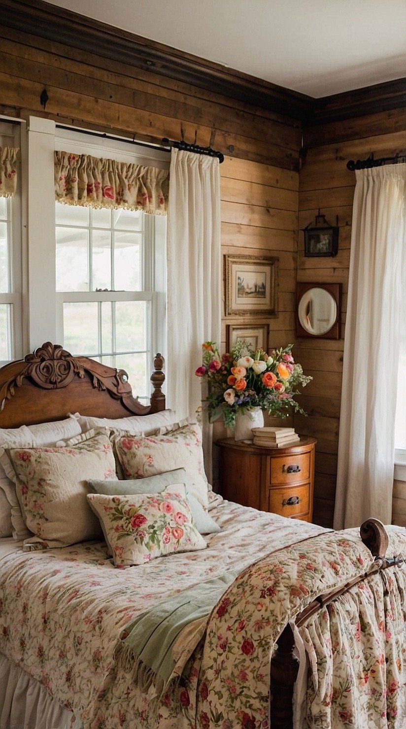 Victorian farmhouse bedroom decorated with fresh flowers, cozy bedding, vintage furniture, and warm country charm.