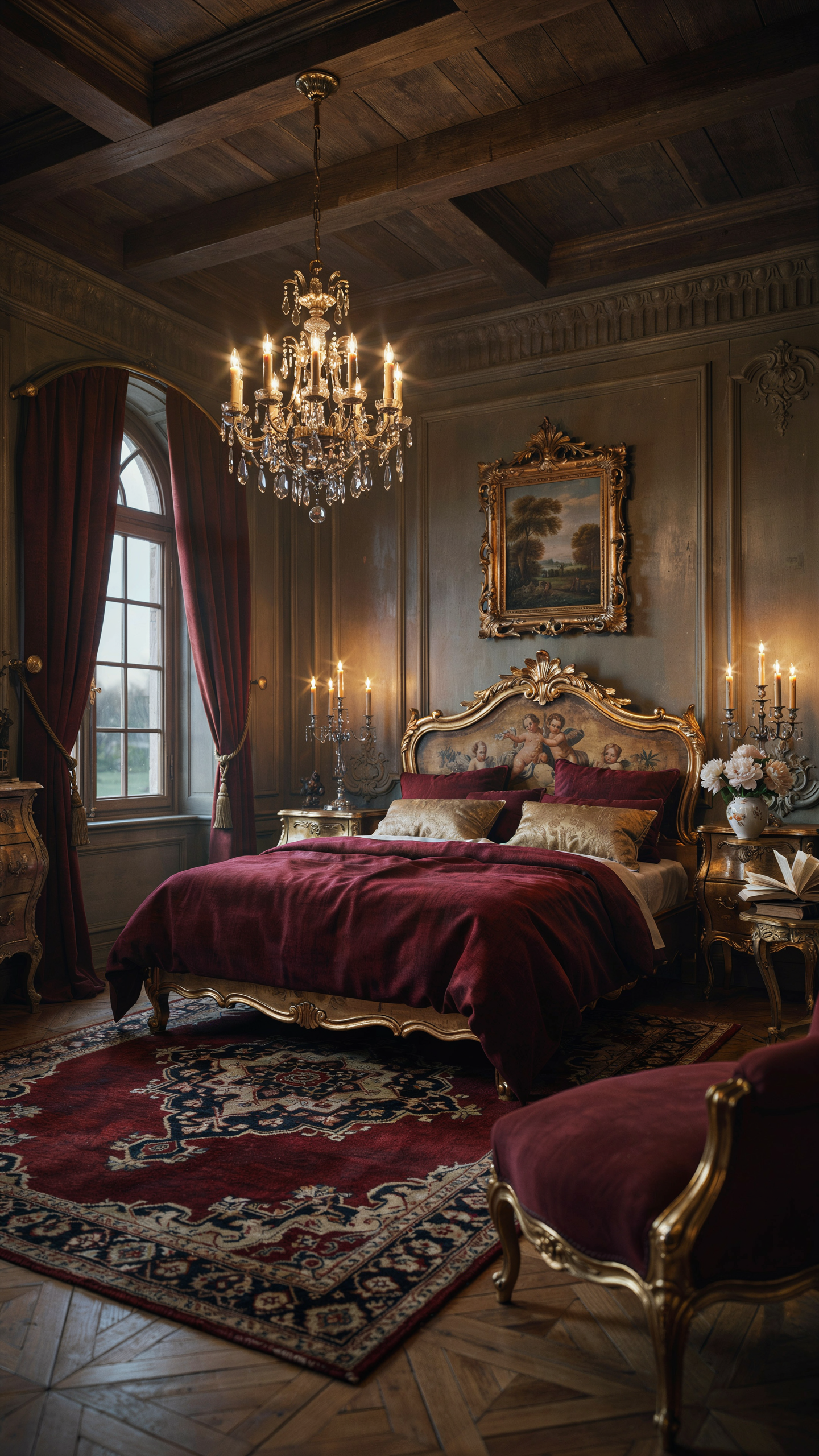 Baroque bedroom with rich burgundy velvet bedding, antique gold furniture, and dramatic European styling.