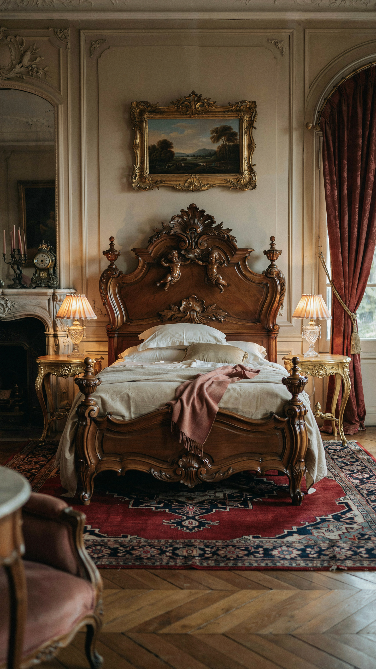Luxurious Baroque carved bed with elaborate woodwork, elegant bedding, and old world European décor.