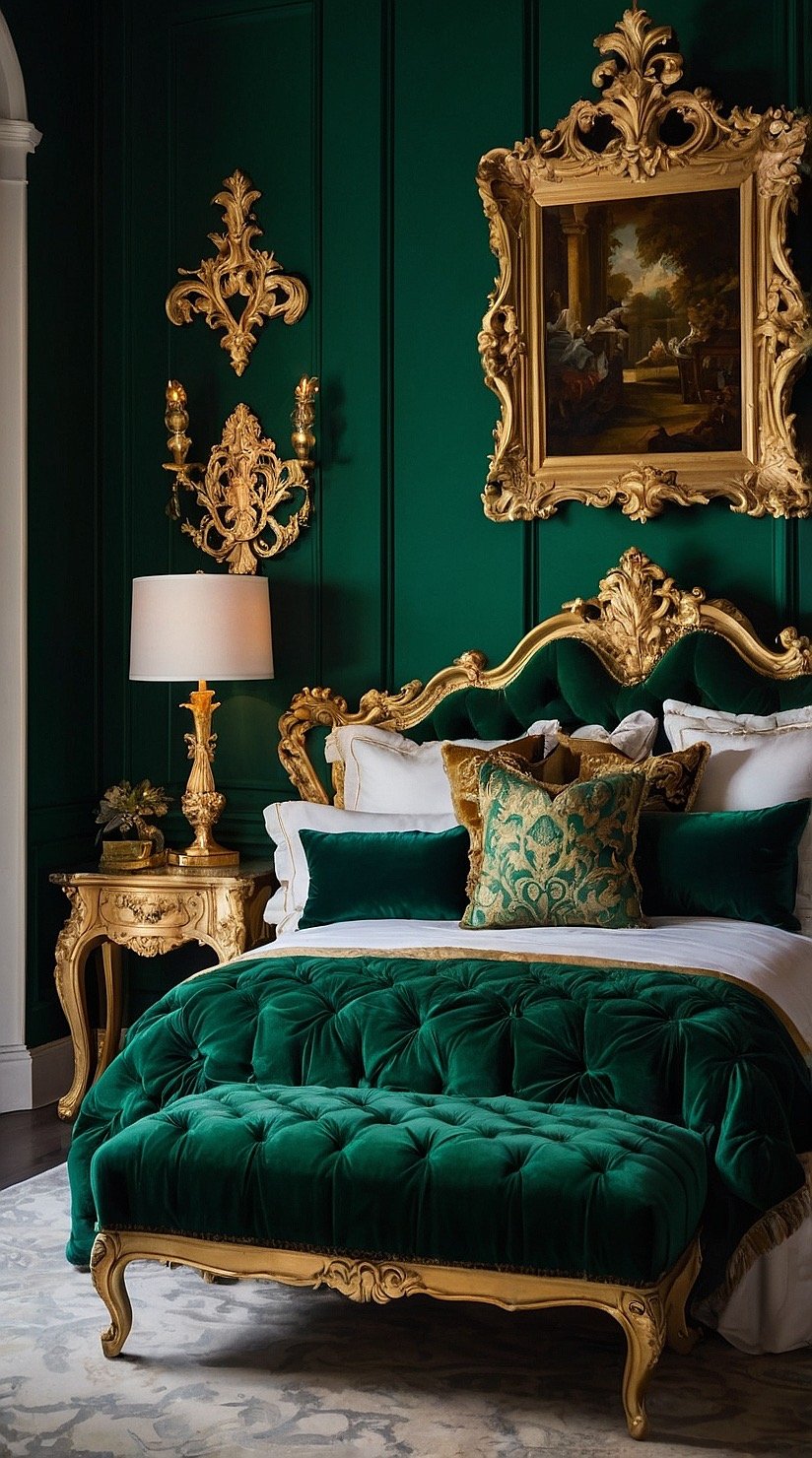 Baroque bedroom featuring emerald green walls, antique gold accents, and luxurious velvet furnishings.