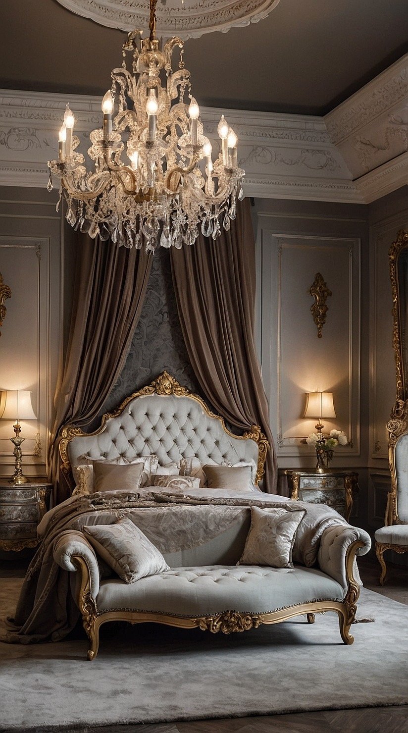 Elegant Baroque bedroom with a large crystal chandelier illuminating ornate furniture and luxurious bedding.
