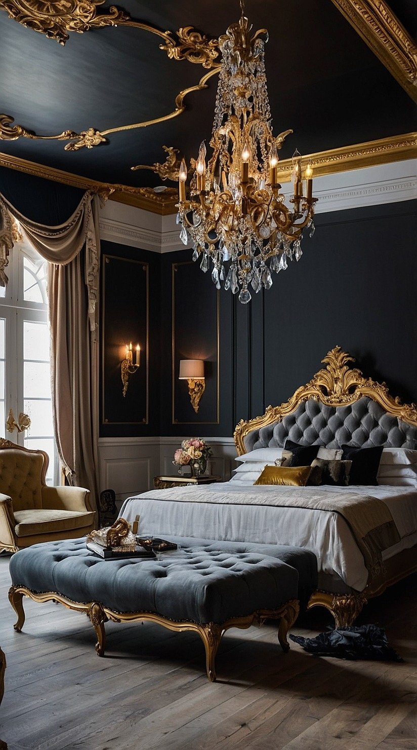 Baroque bedroom with black walls, antique gold furniture, crystal chandelier, and luxurious European styling.