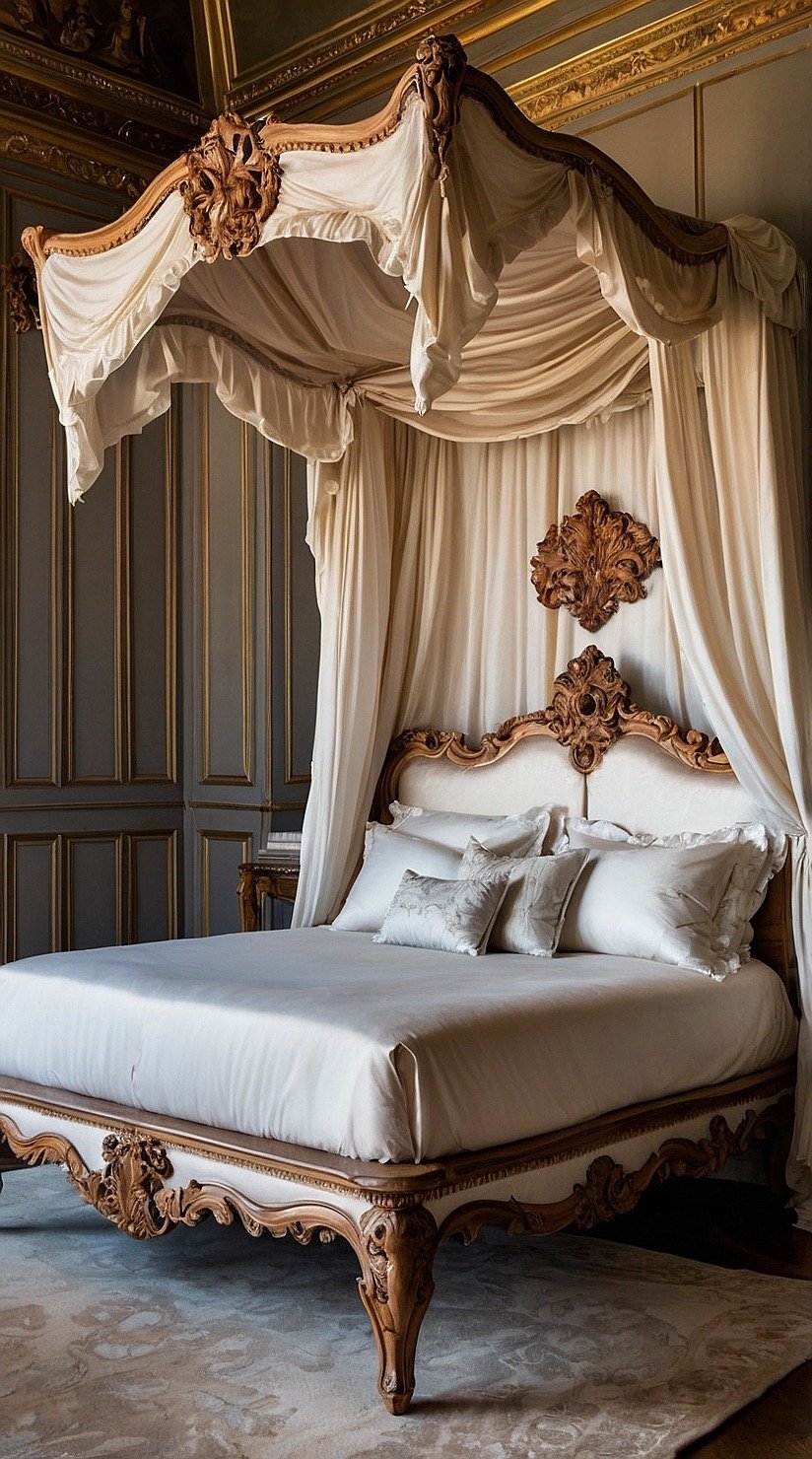 Romantic Baroque canopy bed with flowing fabric, carved wood details, and luxurious bedding.