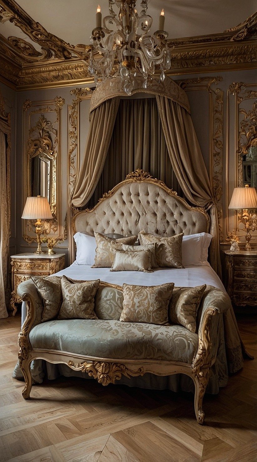 Baroque bedroom featuring marble bedside tables, carved antique furniture, and elegant old world décor.