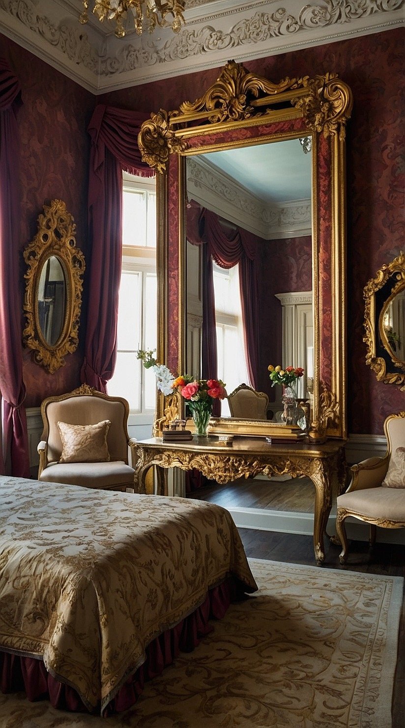 Baroque bedroom with an oversized ornate gold mirror creating dramatic old world elegance.