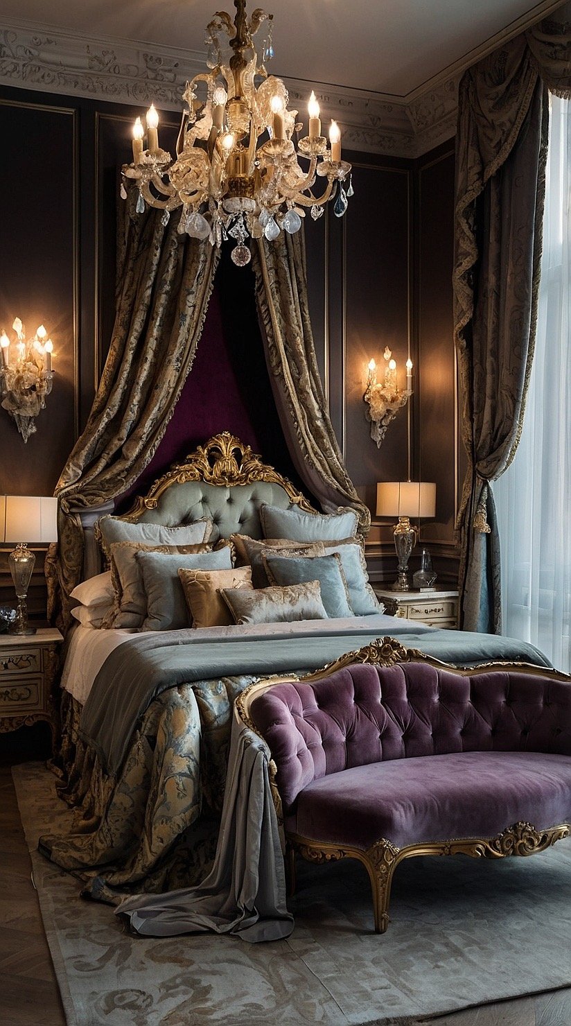 Baroque bedroom layered with velvet cushions, silk bedding, crystal lighting, and ornate European furniture.