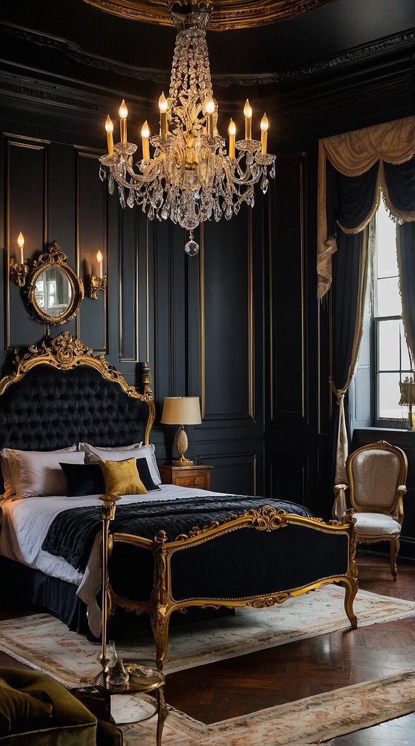 Black Victorian bedroom with matte black walls, antique gold accents, crystal chandelier, and elegant period furniture.