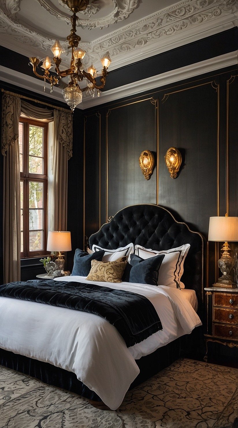 Victorian bedroom featuring a black velvet upholstered bed with luxurious bedding and antique furniture.