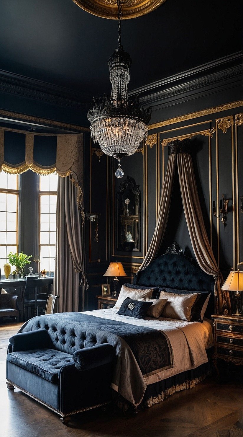 Black Victorian bedroom with crystal chandelier, dark ceiling, ornate mouldings, and luxurious furnishings.