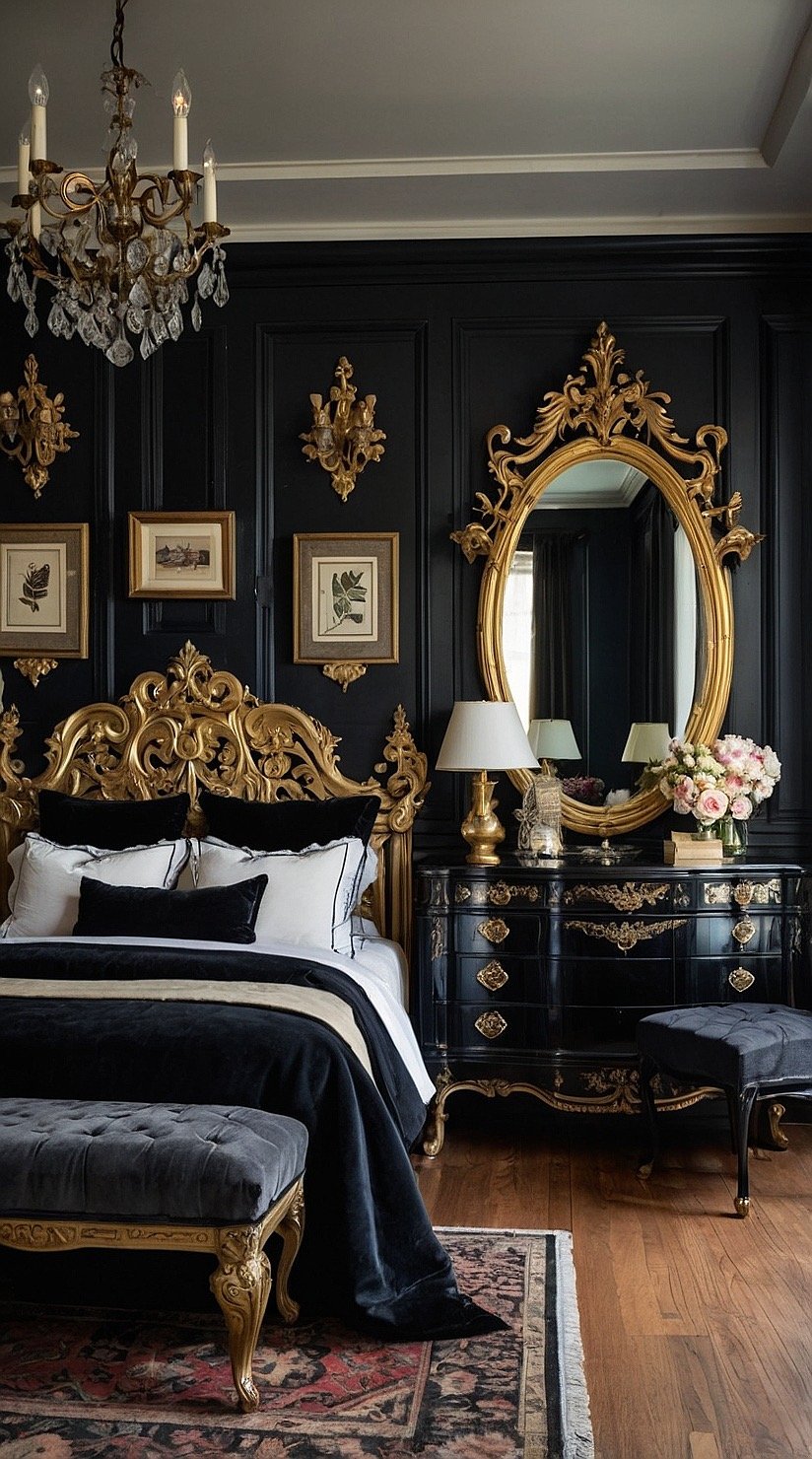 Victorian bedroom with ornate black furniture, brass handles, vintage mirror, and elegant dark décor.