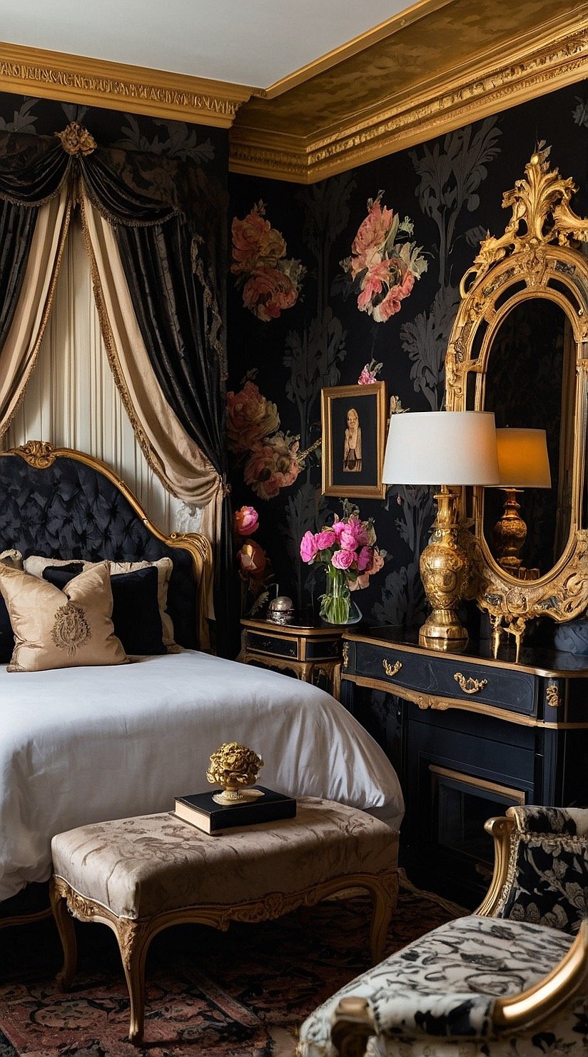 Victorian bedroom with dramatic black floral wallpaper, antique furnishings, and luxurious gold accents.