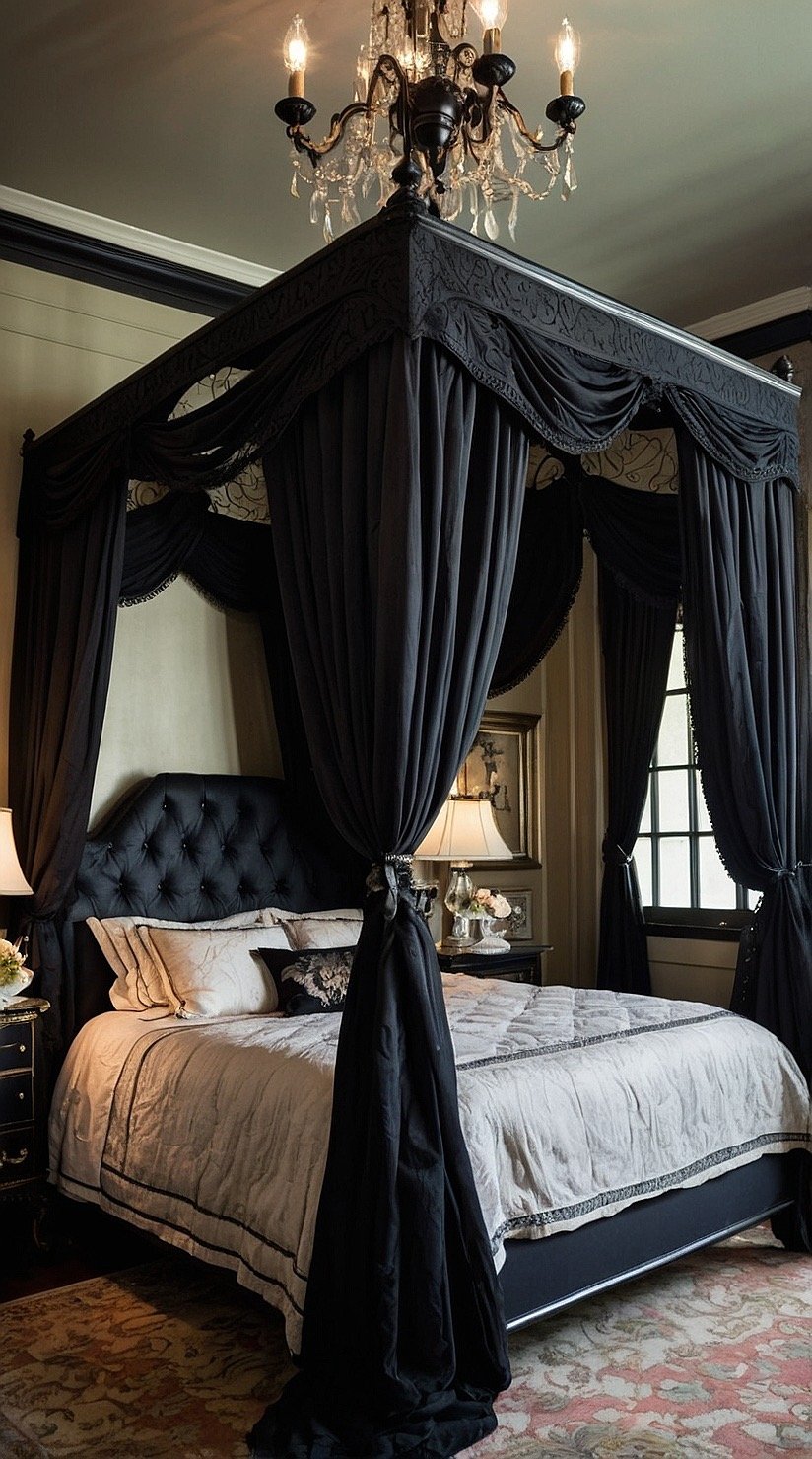 Black Victorian bedroom with a dramatic black canopy bed, flowing linen drapes, crystal chandelier, and elegant antique décor.