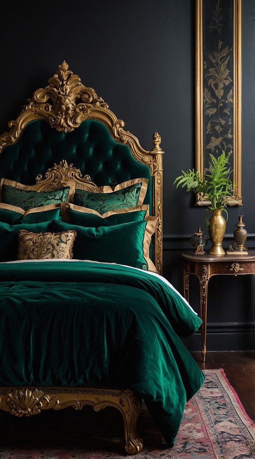Victorian bedroom with black walls, emerald velvet bedding, antique gold accents, and luxurious European styling.
