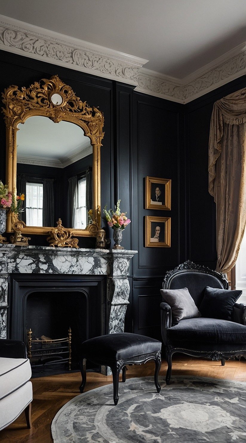 Black Victorian bedroom with marble fireplace, ornate black mantel, antique mirror, and elegant décor.