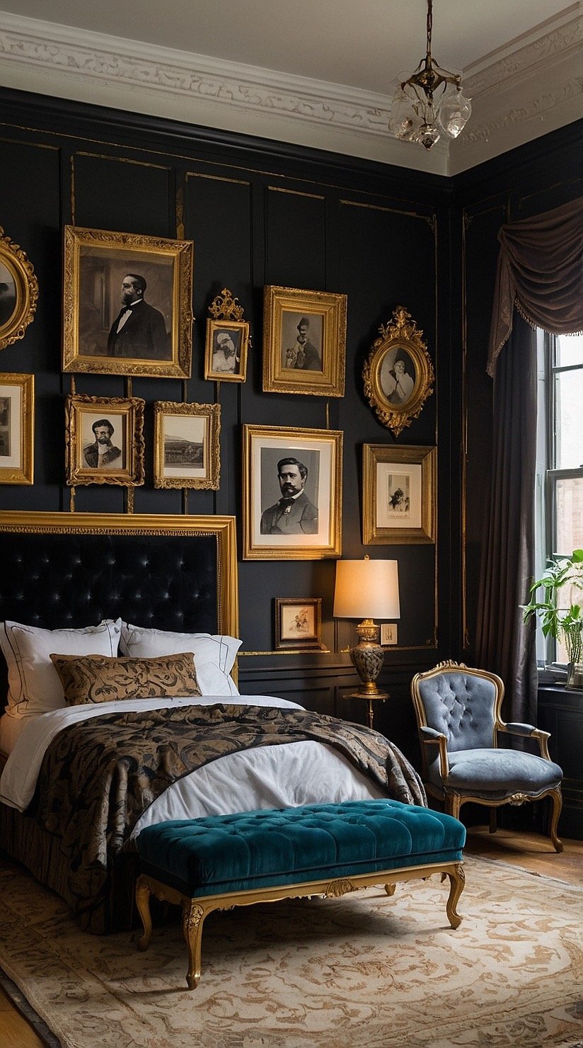 Black Victorian bedroom featuring a vintage gallery wall with antique artwork and ornate gold frames.