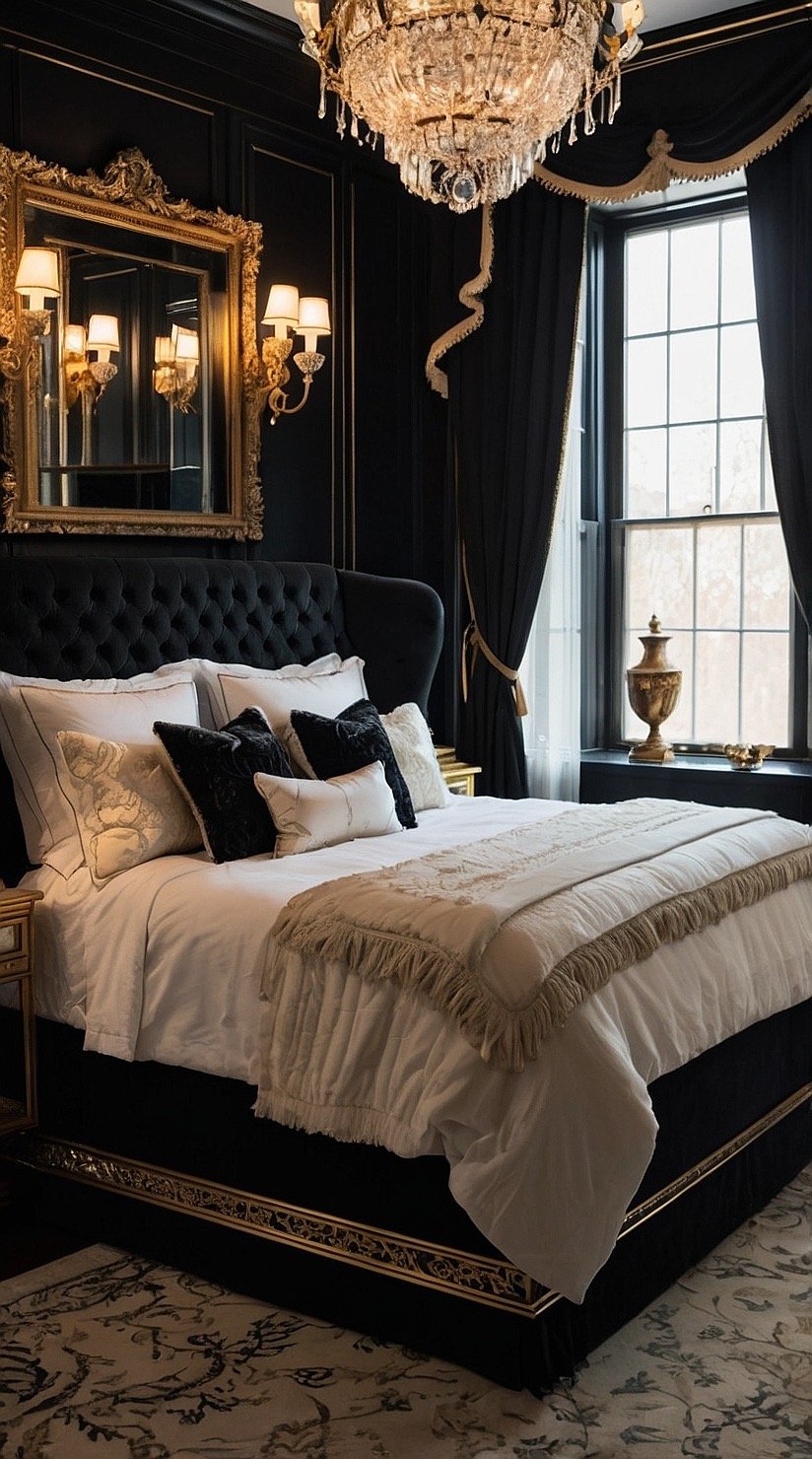 Elegant black Victorian bedroom layered with ivory bedding, antique gold accents, crystal lighting, and luxurious textures.