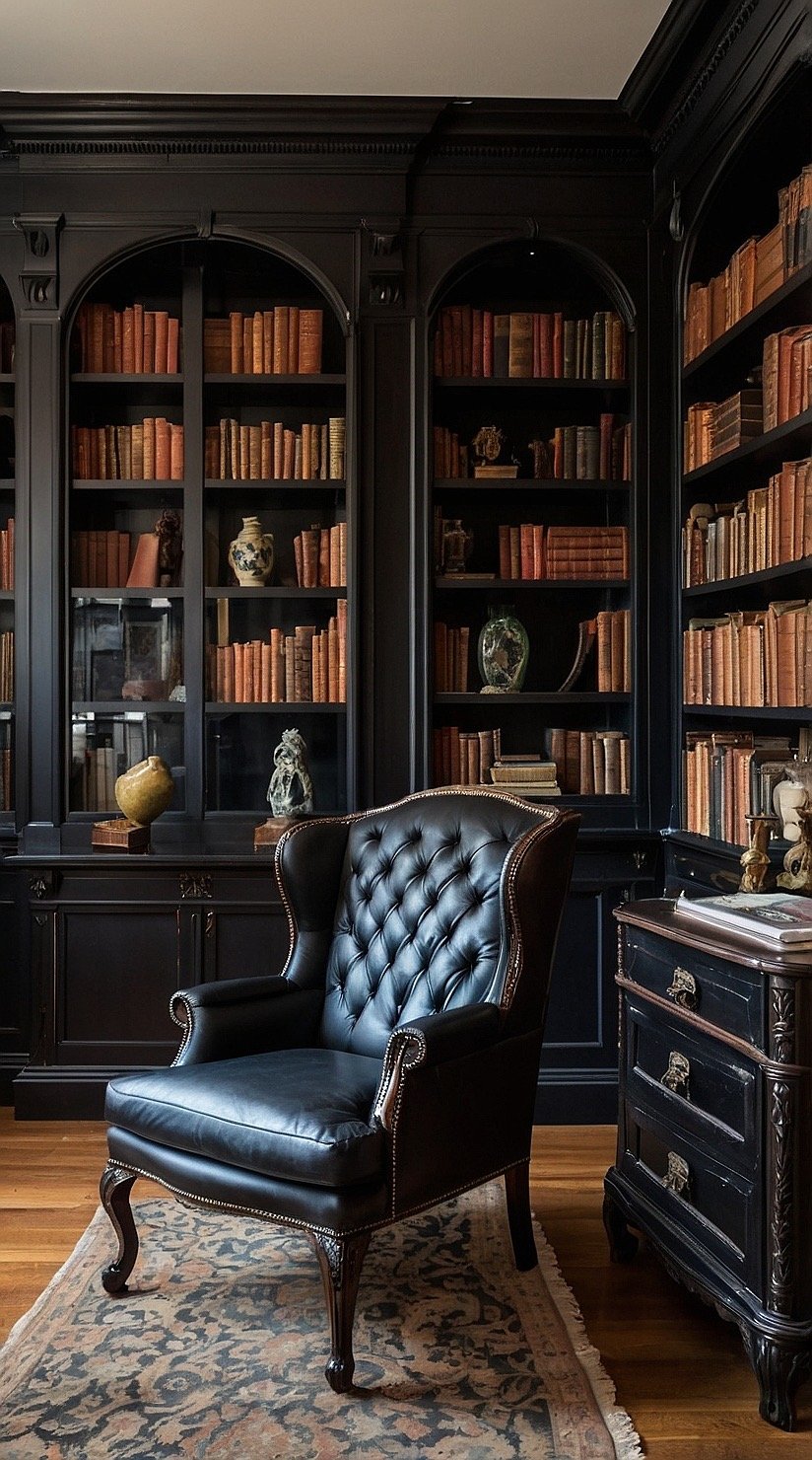 Black Victorian bedroom inspired by a vintage library with dark wood bookcases, leather chair, and elegant antique furnishings.