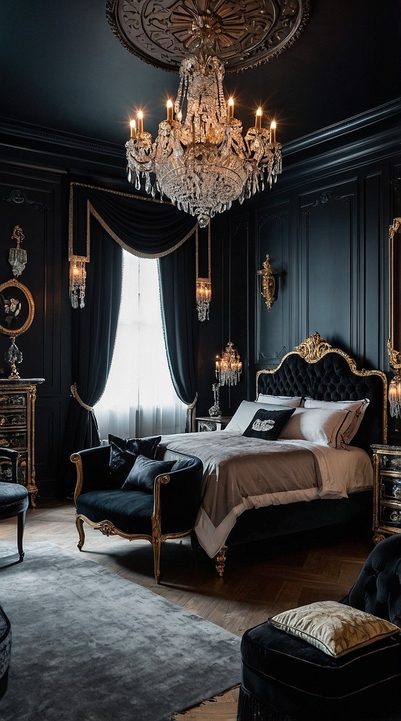 Luxurious black Victorian bedroom with ornate furniture, crystal chandeliers, black walls, and elegant European styling.